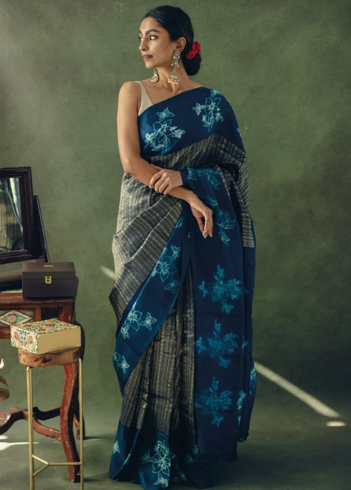 Navy Blue Banarasi Silk Saree With Blouse Piece Free Shipping Original