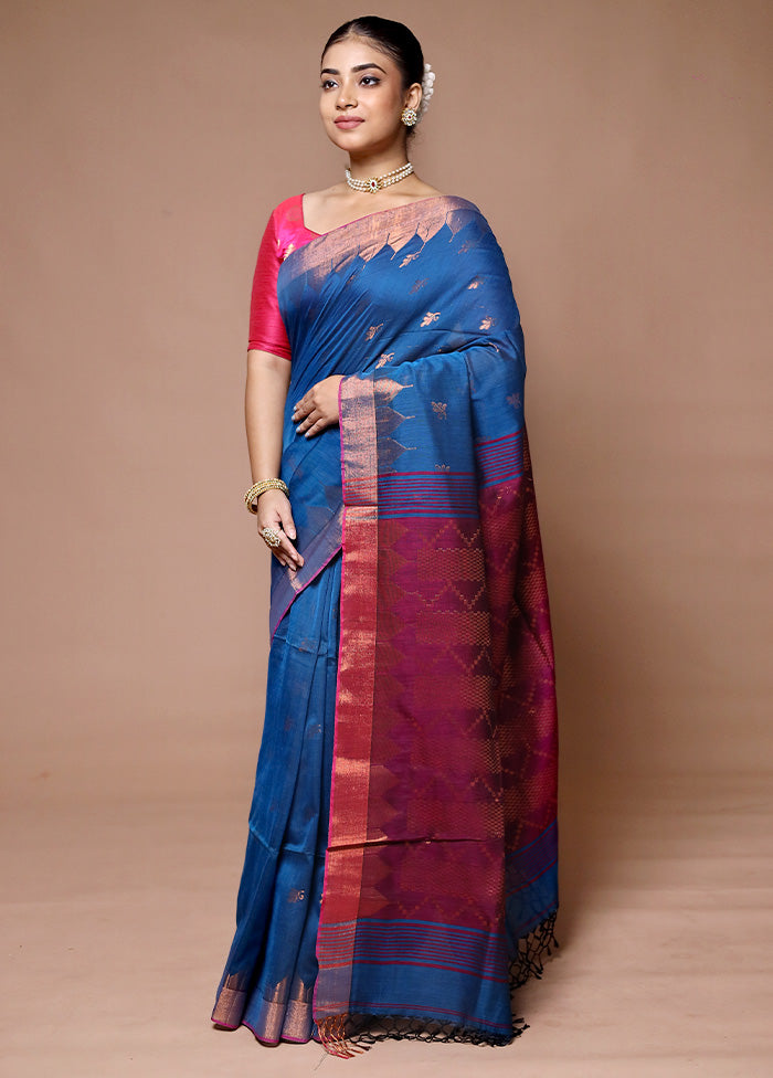 Blue Khadi Cotton Saree With Blouse Piece 2025 New Sale Online