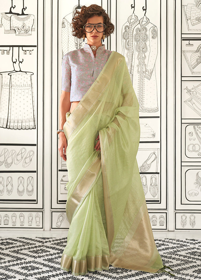 Pista Green Chiffon Silk Saree With Blouse Piece Marketable Sale Online