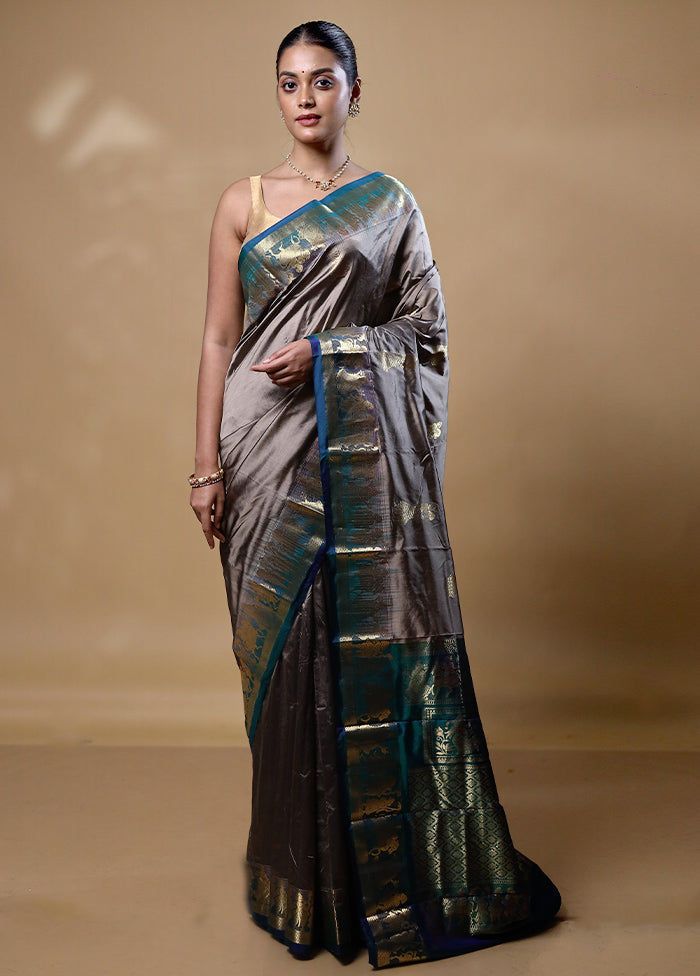 Grey Handloom Kanjivaram Pure Silk Saree With Blouse Piece Free Shipping Popular