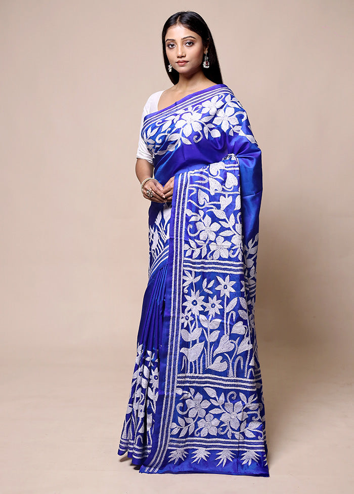 Blue Handloom Kantha Stitch Pure Silk Saree With Blouse Piece 100% Original Cheap Pice