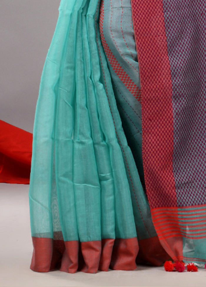 Sea Green Cotton Saree With Blouse Piece With Paypal Online