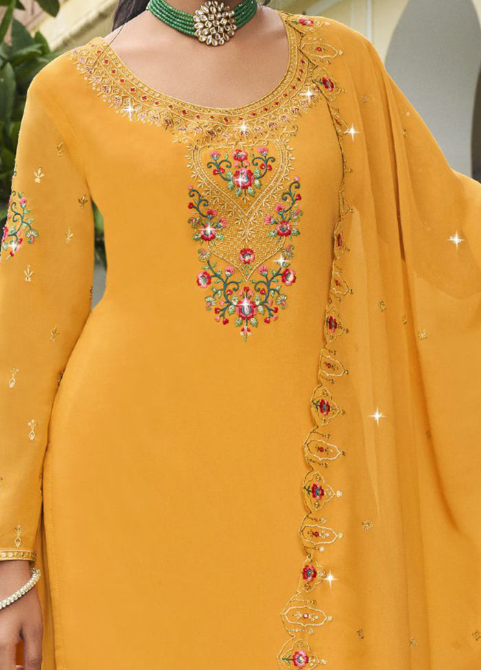 3 Pc Yellow Semi Stitched Georgette Suit Set Pay With Paypal Online