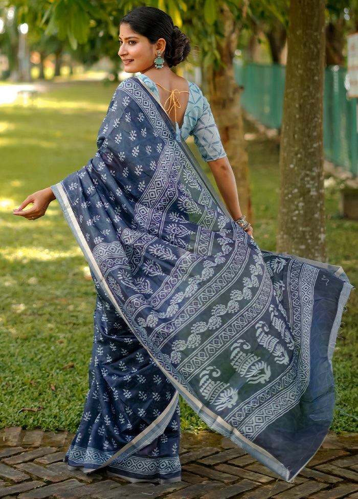 Blue Cotton Saree With Blouse Piece Discount Low Cost