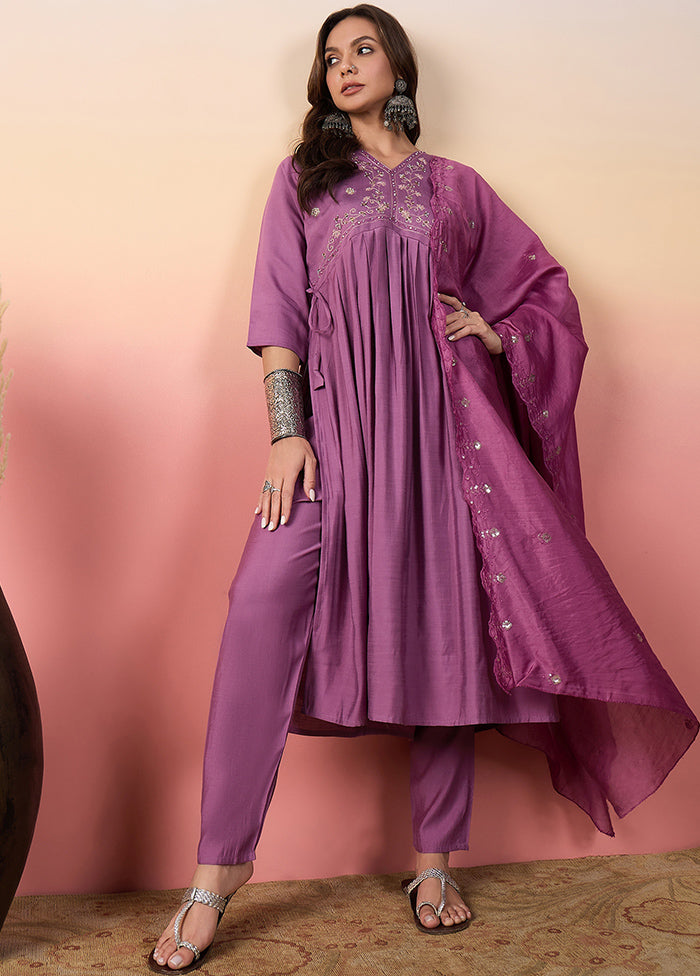 3 Pc Purple Readymade Silk Suit Set Sale With Mastercard