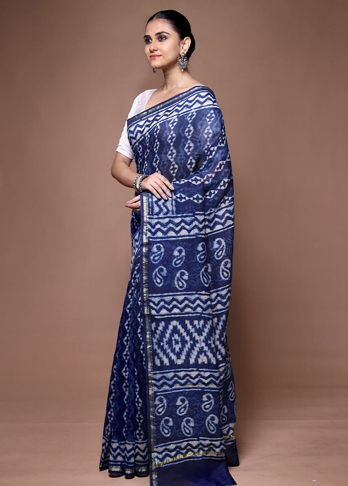 Blue Chanderi Cotton Saree With Blouse Piece Clearance 100% Guaranteed