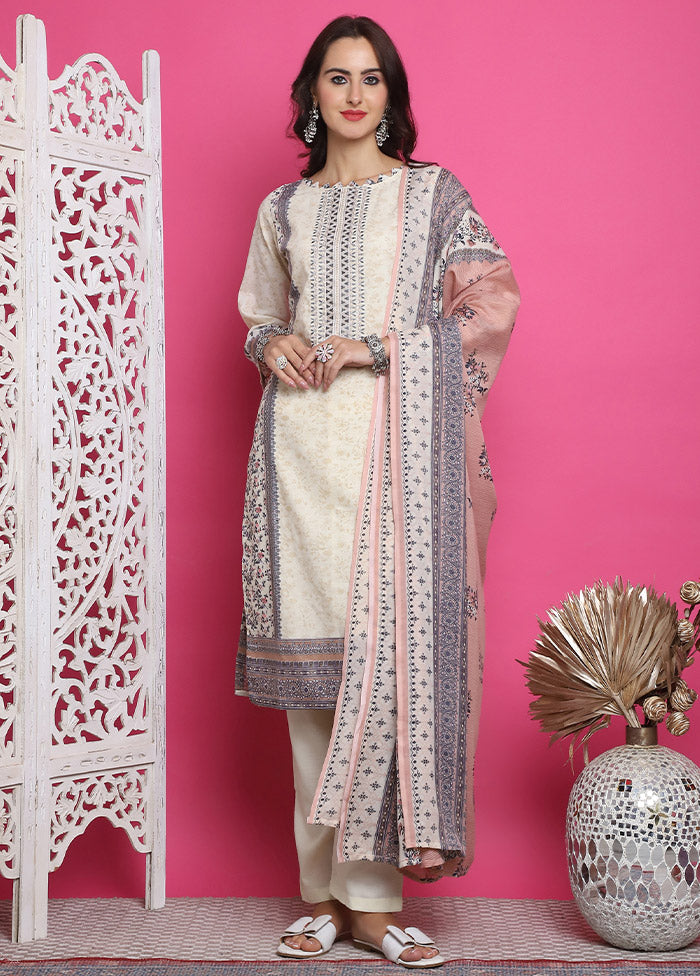 3 Pc Cream Unstitched Cotton Suit Set Sale Fake