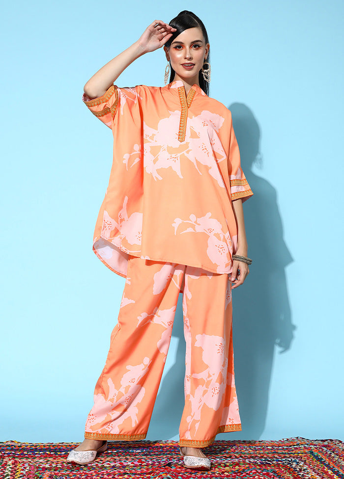 2 Pc Orange Readymade Silk Tunic Set Clearance Low Pice