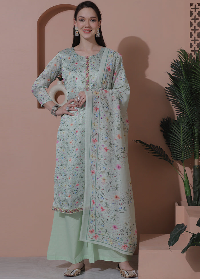 3 Pc Green Unstitched Silk Suit Set Looking For For Sale