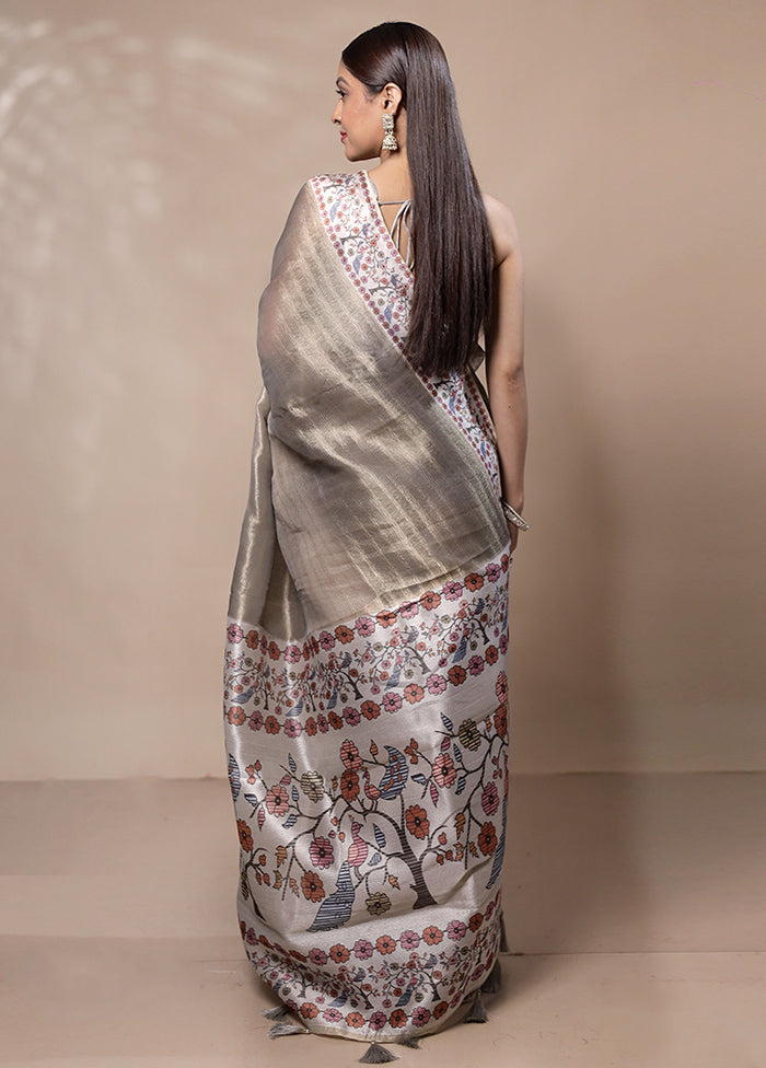 Grey Tissue Silk Saree With Blouse Piece Cheap Low Shipping