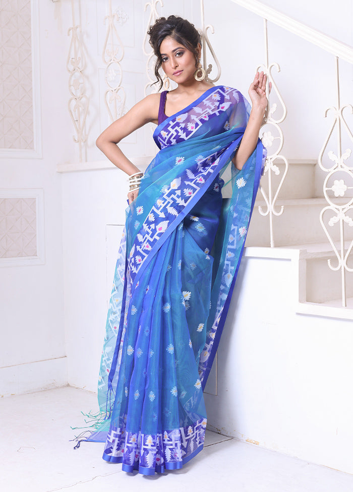 Sky Blue Spun Silk Saree With Blouse Piece Cheap Sale Cost