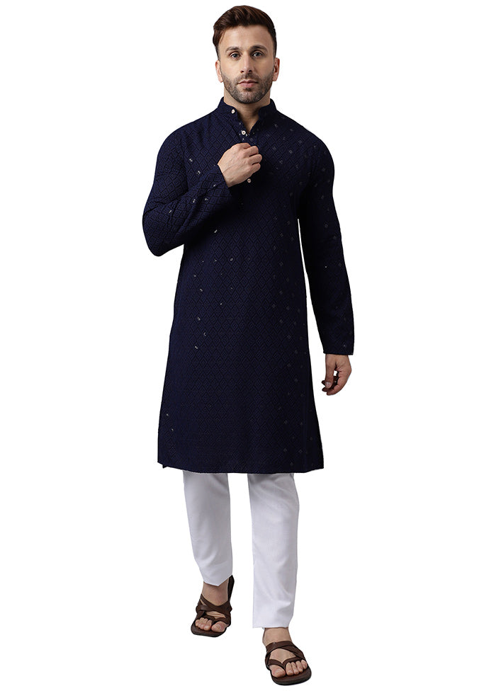 2 Pc Navy Blue Silk Kurta Pajama Set Outlet Discount Sale