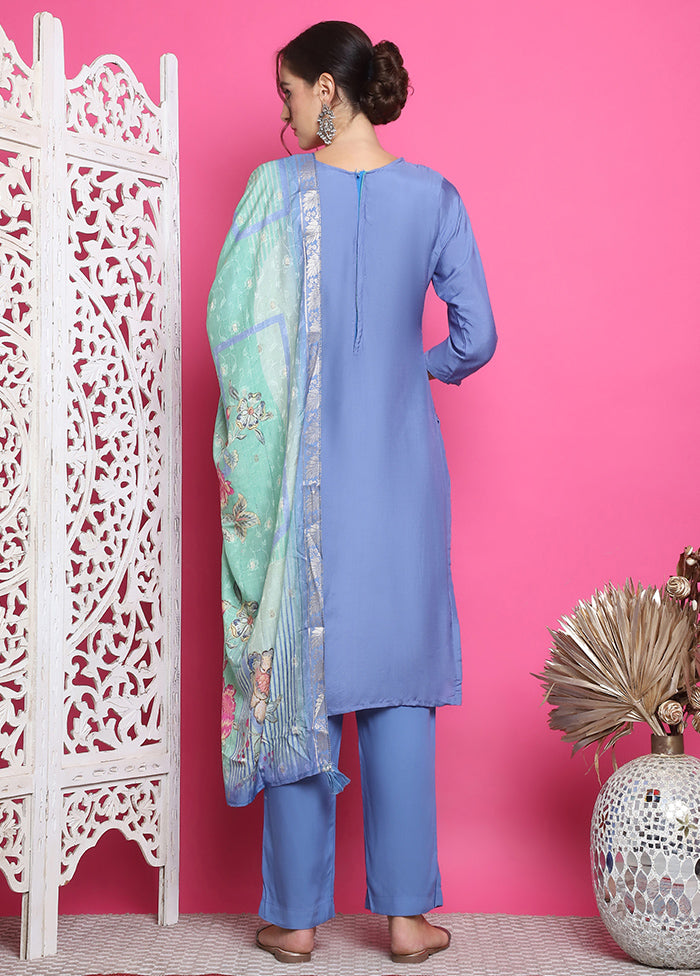 3 Pc Blue Unstitched Silk Suit Set Wide Range Of Online