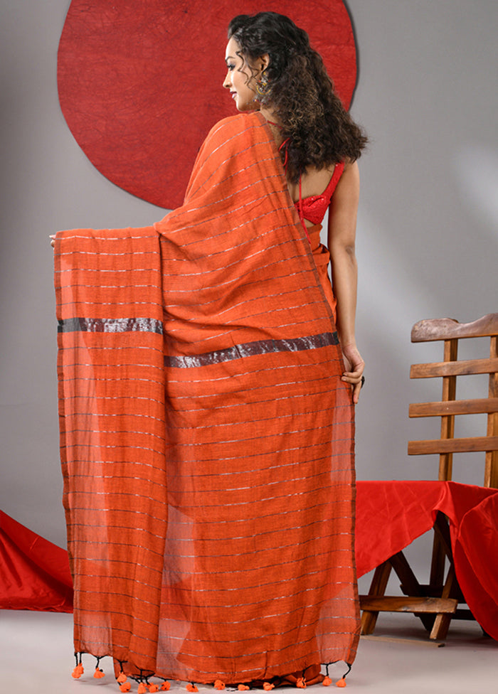 Orange Cotton Saree With Blouse Piece Sast For Sale