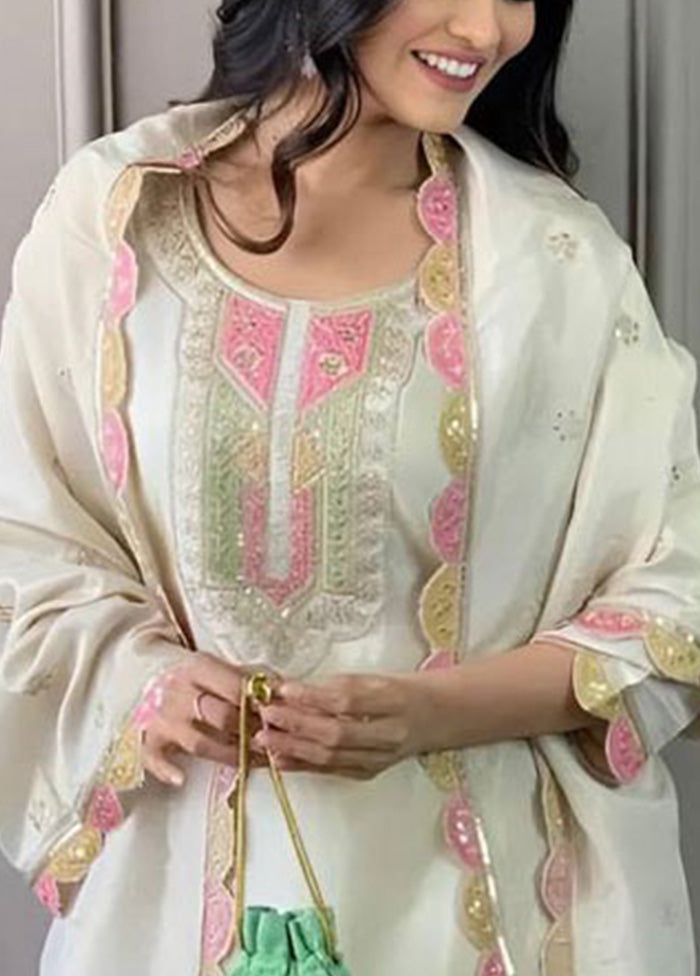 3 Pc Cream Readymade Viscose Suit Set Outlet Low Pice