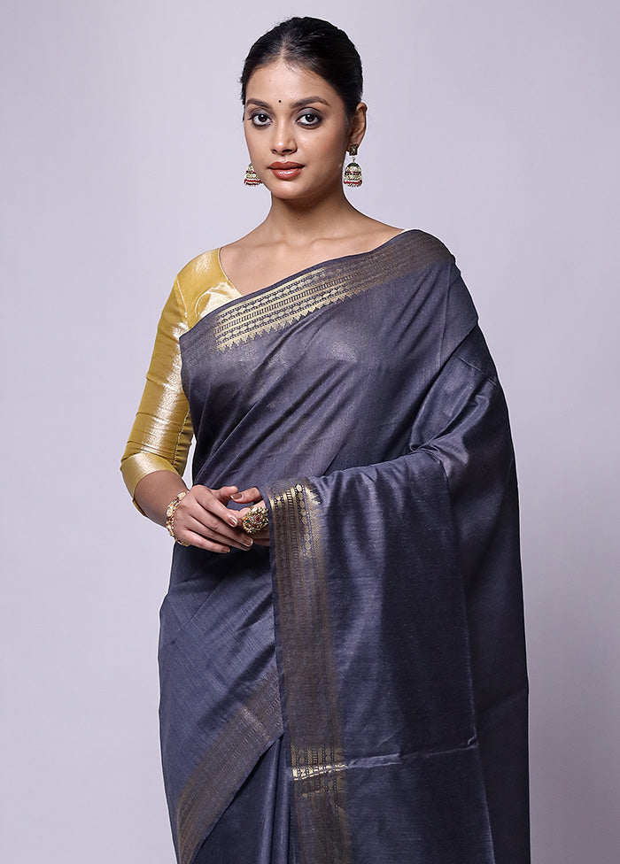 Grey Tussar Silk Saree With Blouse Piece For Nice Online