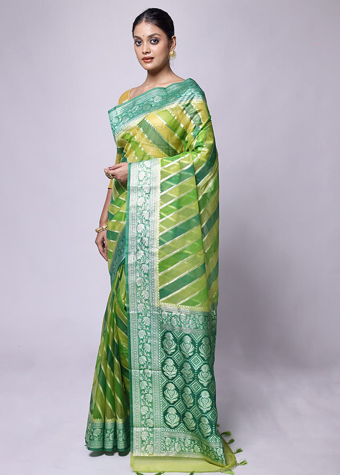 Green Organza Saree With Blouse Piece Free Shipping 100% Guaranteed