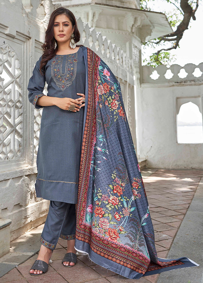 3 Pc Grey Readymade Cotton Dupatta Suit Set Buy Cheap Big Discount