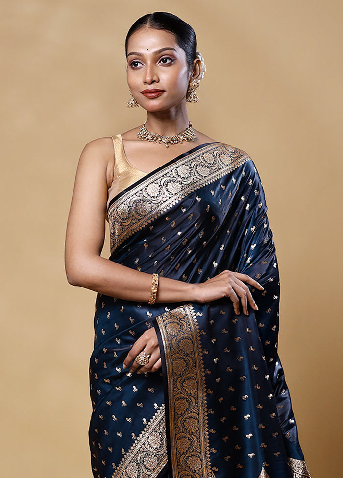 Blue Banarasi Silk Saree With Blouse Piece Official For Sale