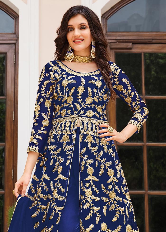 3 Pc Royal Blue Semi Stitched Net Suit Set Clearance Low Pice