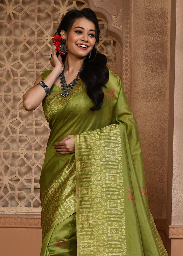 Green Spun Silk Saree With Blouse Piece 2025 Unisex