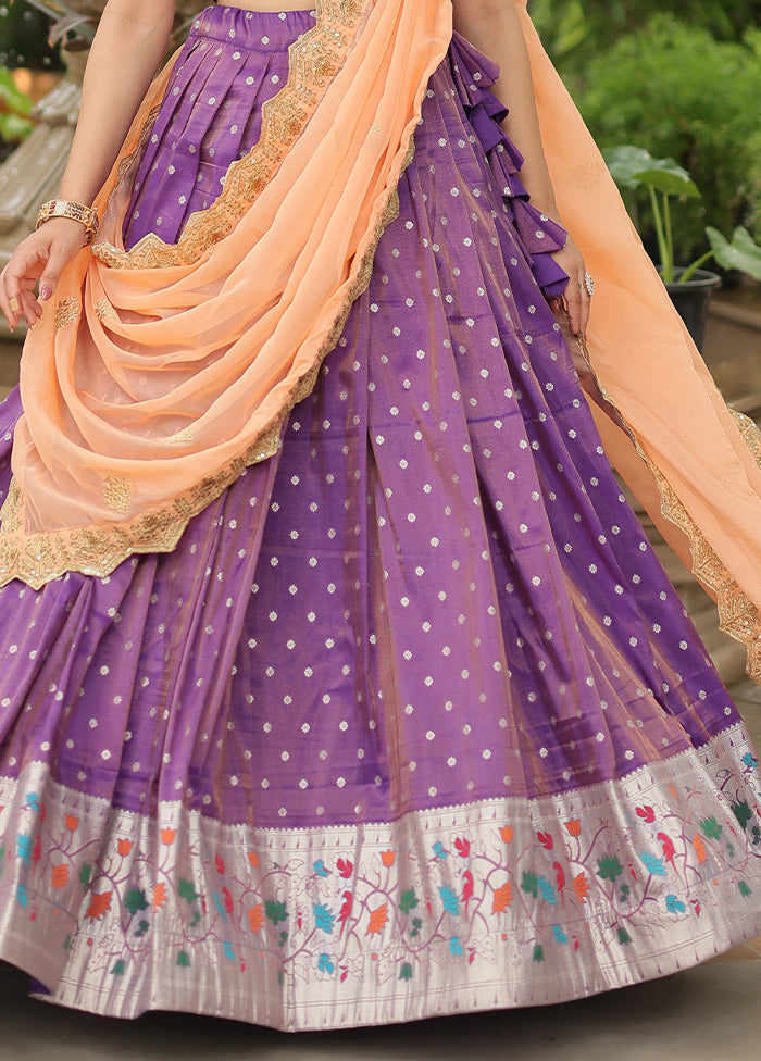 3 Pc Purple Silk Semi Stitched Lehenga Set Order