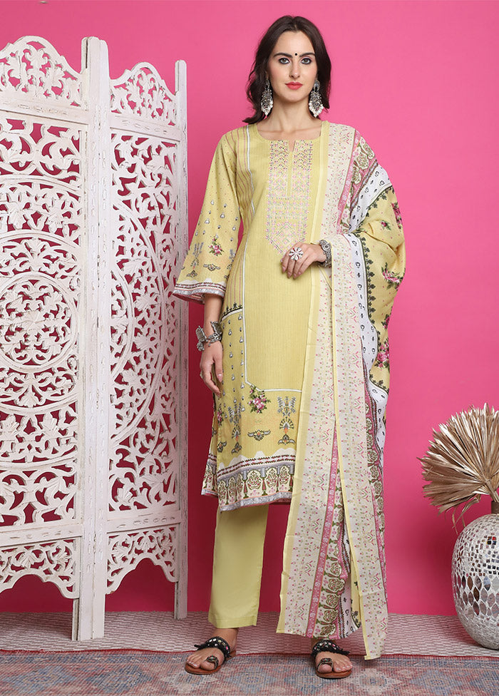 3 Pc Yellow Unstitched Cotton Suit Set Discount Classic