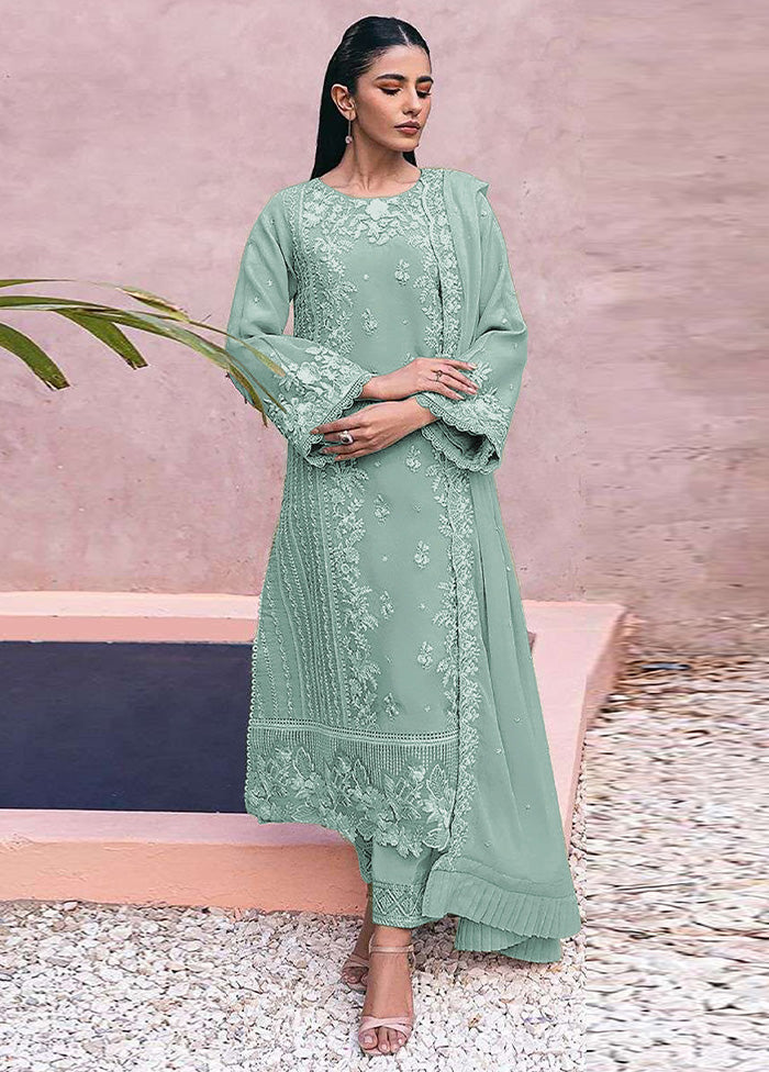 3 Pc Sea Green Semi Stitched Georgette Suit Set Shipping Discount Authentic