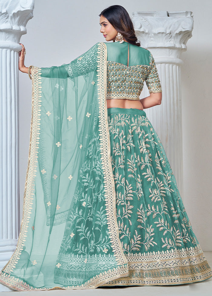 3 Pc Green Net Semi Stitched Lehenga Set Real Sale Online