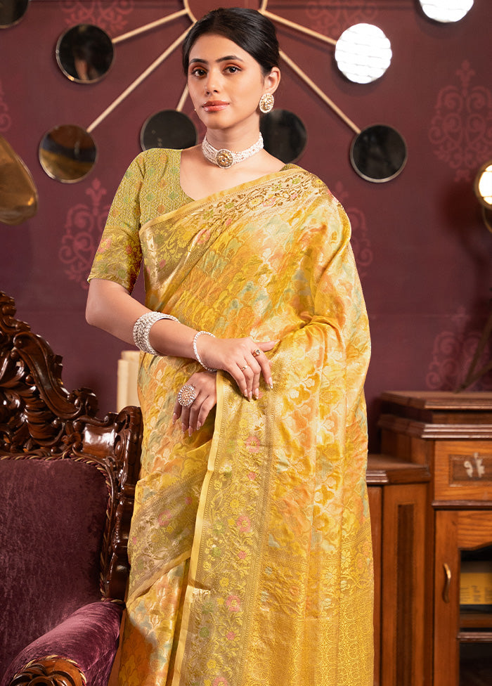 Yellow Spun Silk Saree With Blouse Piece Cheap Sale For Cheap