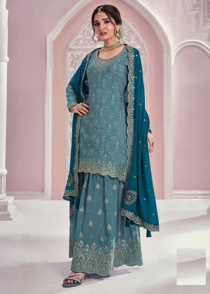 3 Pc Blue Semi Stitched Silk Dupatta Suit Set Pick A Best