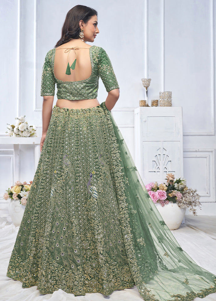 3 Pc Green Net Semi Stitched Lehenga Set Free Shipping The Cheapest