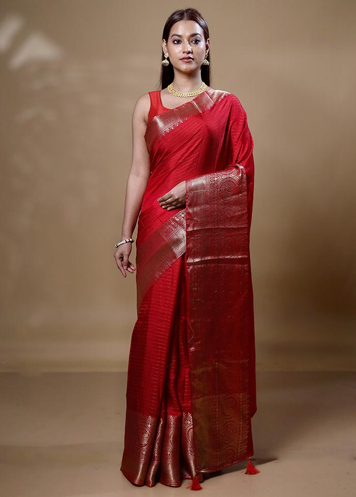 Red Dupion Silk Saree With Blouse Piece Buy Cheap Footlocker