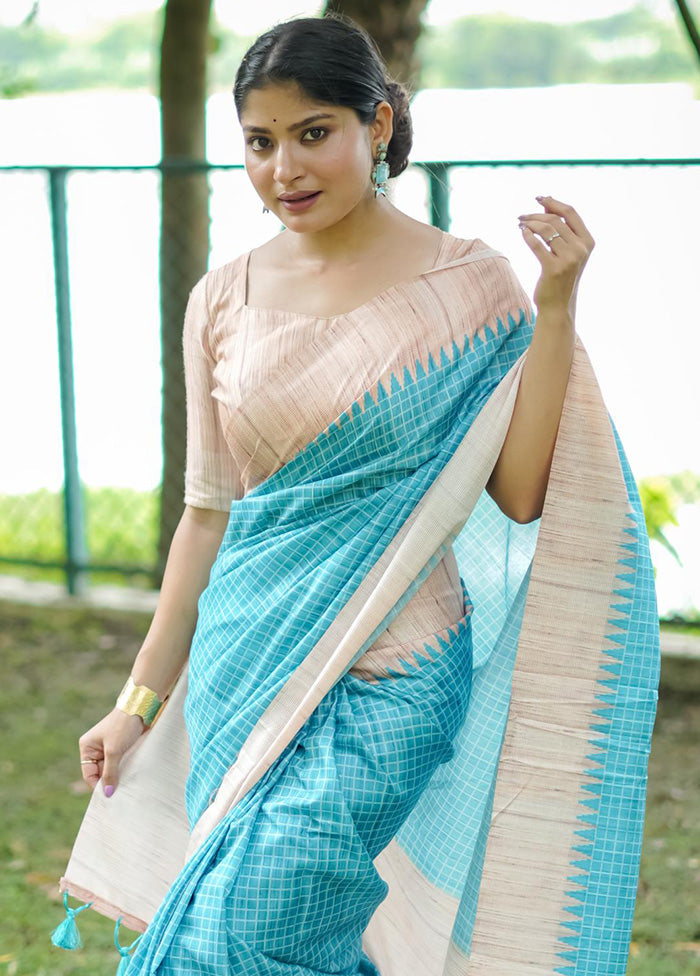 Sky Blue Tussar Silk Saree With Blouse Piece Outlet Choice