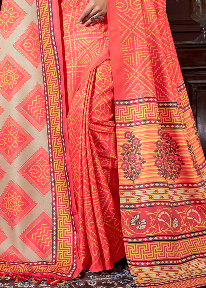 Orange Pasmina Silk Saree With Shawl And Blouse Piece Discount Release Dates