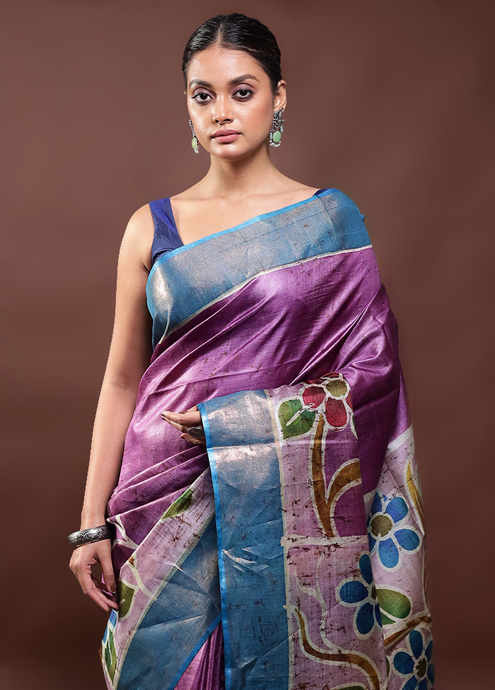 Purple Handloom Tussar Pure Silk Saree With Blouse Piece Explore Cheap Pice