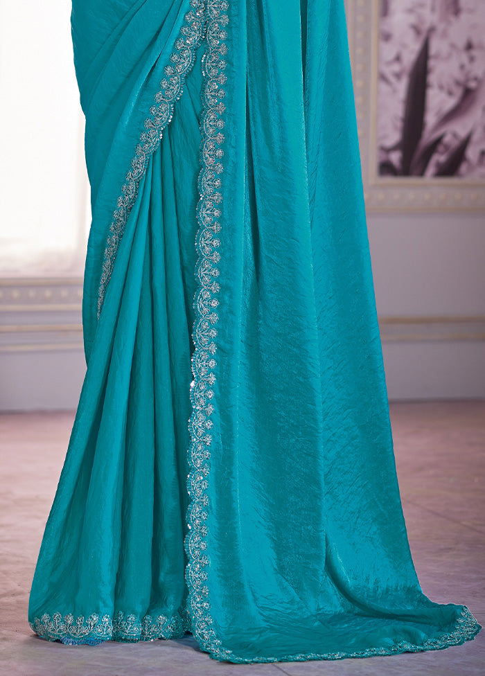 Sea Blue Satin Silk Saree With Blouse Piece Clearance Discounts