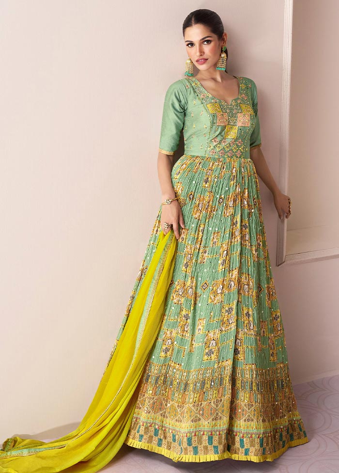 3 Pc Light Green Semi Stitched Georgette Suit Set Free Shipping Online