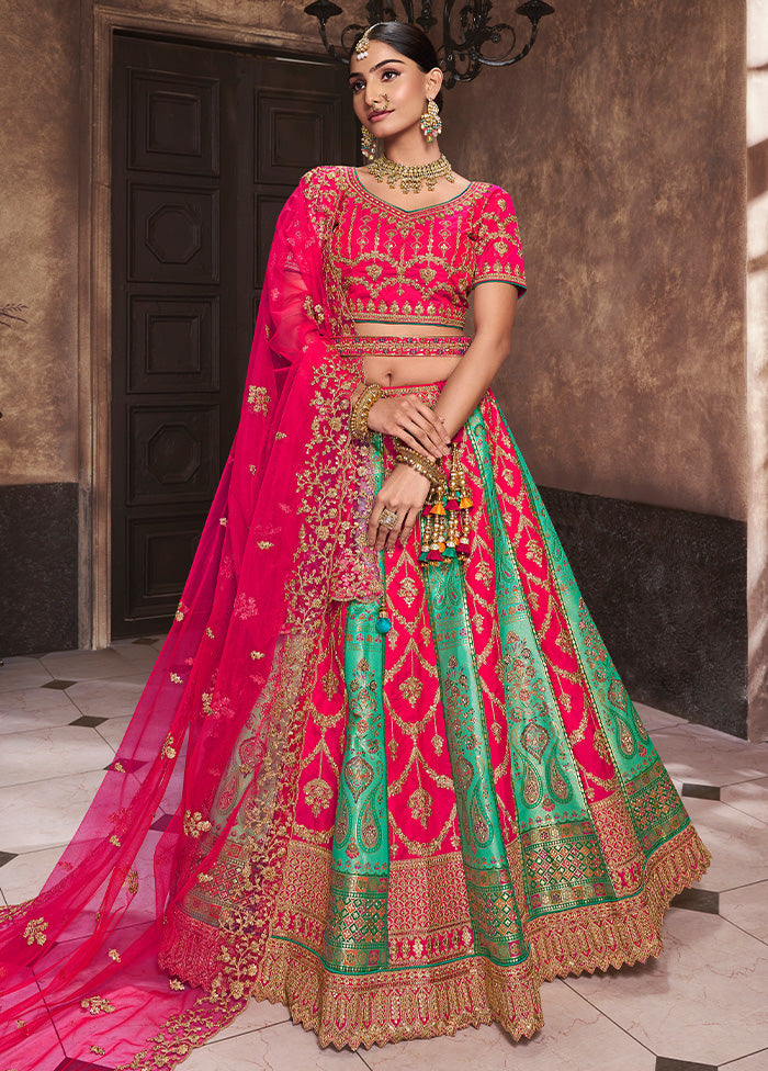 3 Pc Pink Silk Semi Stitched Lehenga Set Cheap Sale Amazon