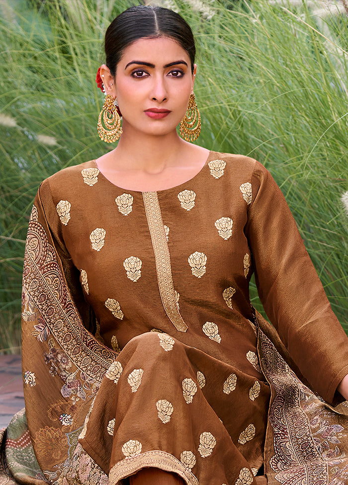 3 Pc Brown Unstitched Pure Silk Suit Set Hot Sale Online