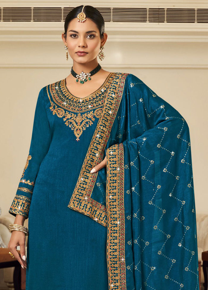 3 Pc Teal Pure Semi Stitched Silk Suit Set Buy Cheap Visit