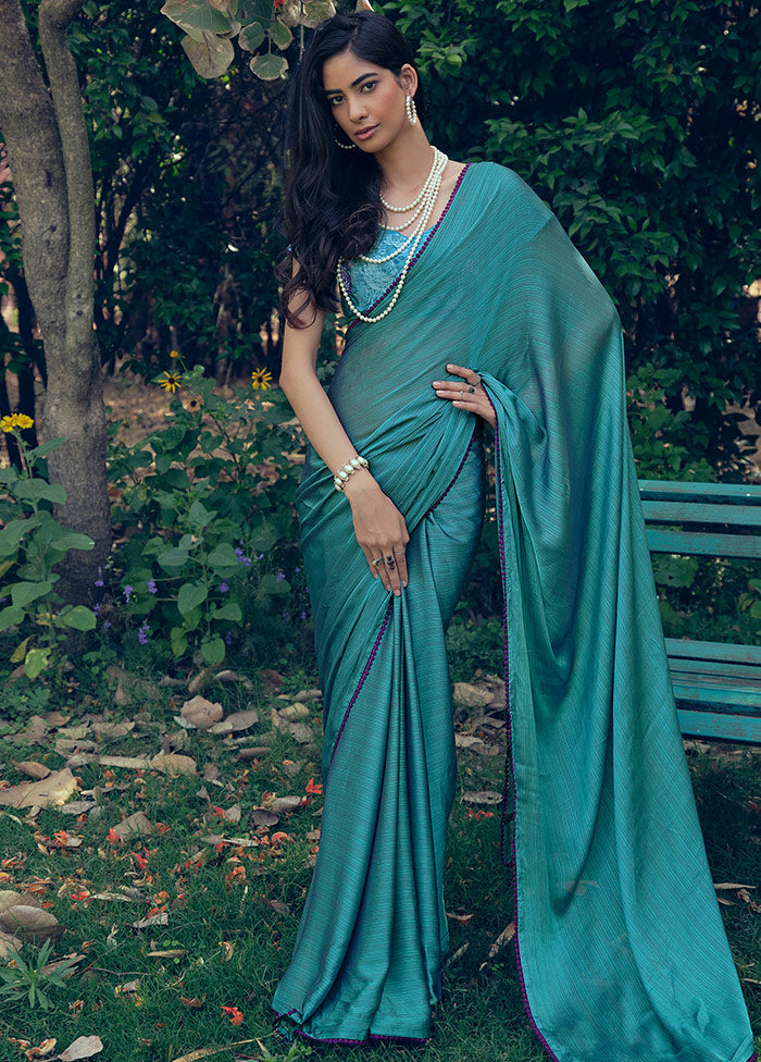 Teal Dupion Silk Saree With Blouse Piece Discount How Much