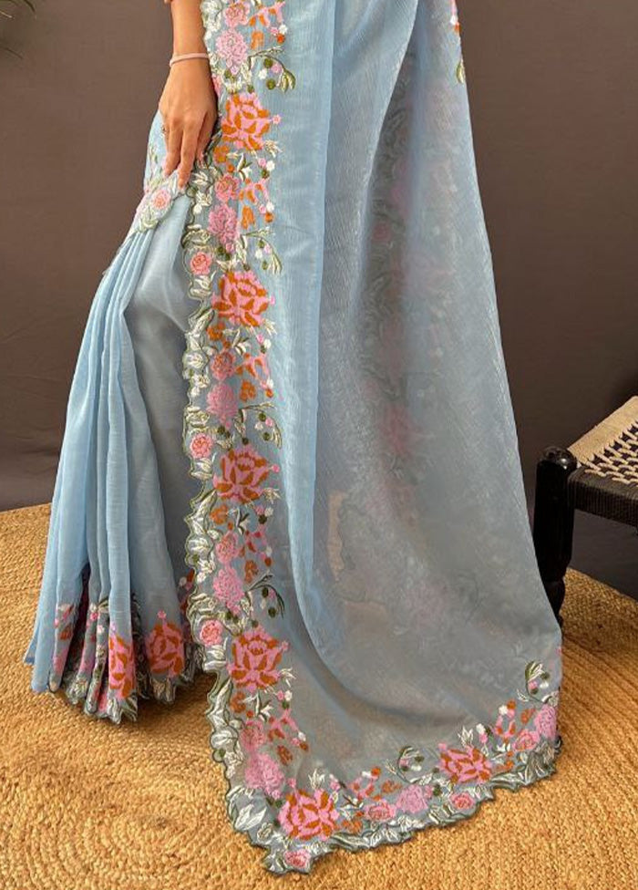 Blue Spun Silk Saree With Blouse Piece Online Online Clearance