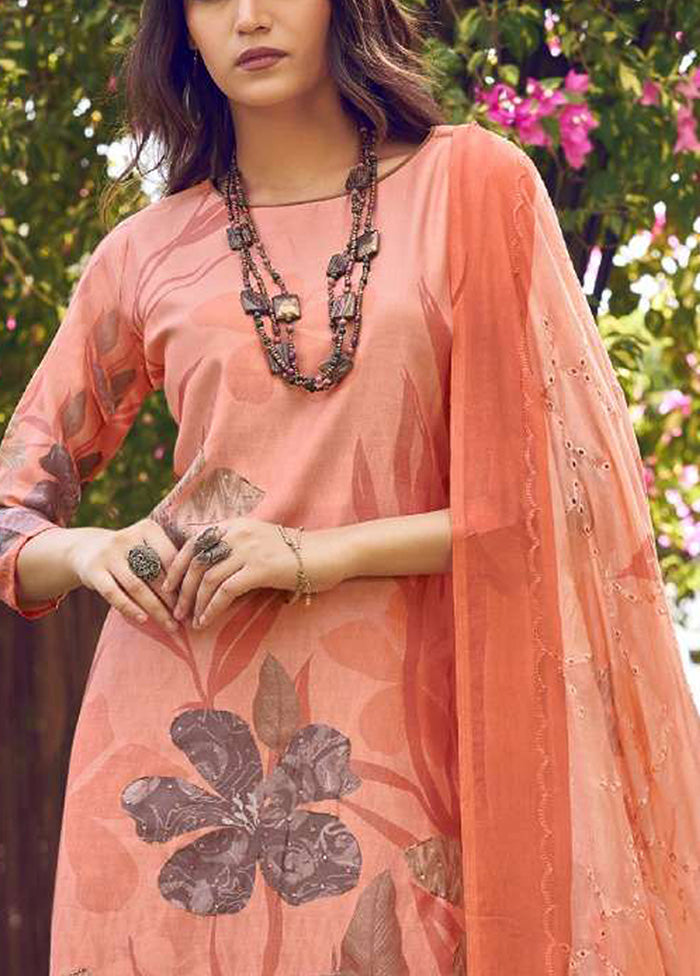 3 Pc Peach Semi Stitched Silk Dupatta Suit Set Best Pices