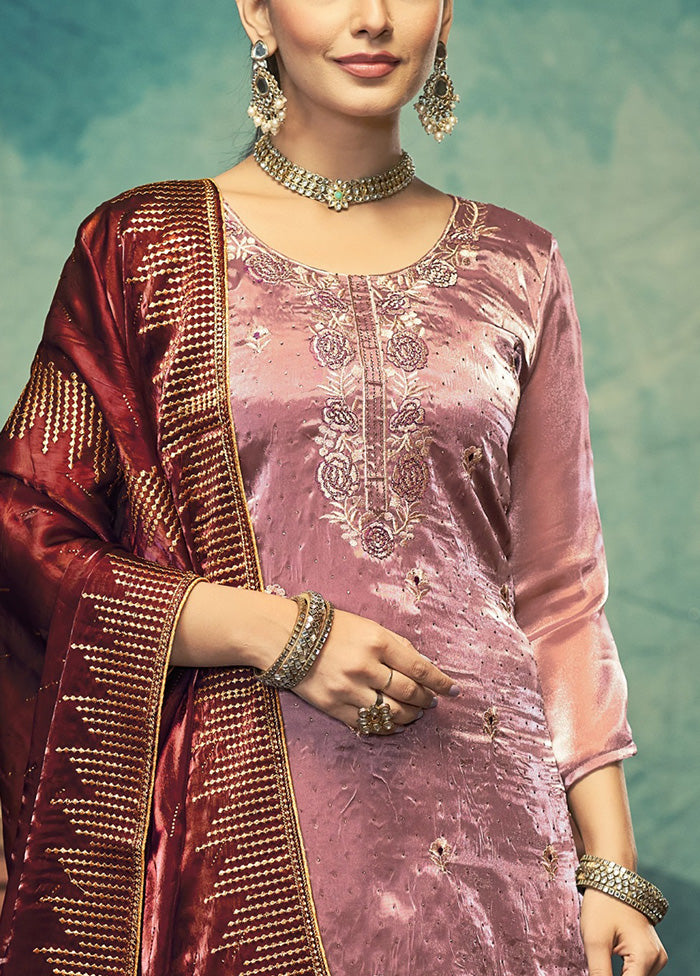 3 Pc Pink Semi Stitched Silk Dupatta Suit Set Clearance New Arrival