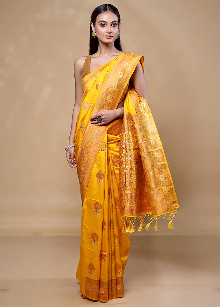 Yellow Dupion Silk Saree With Blouse Piece Free Shipping Online