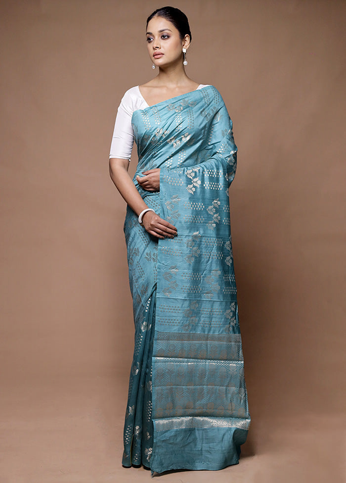 Blue Dupion Silk Saree With Blouse Piece Free Shipping Release Dates