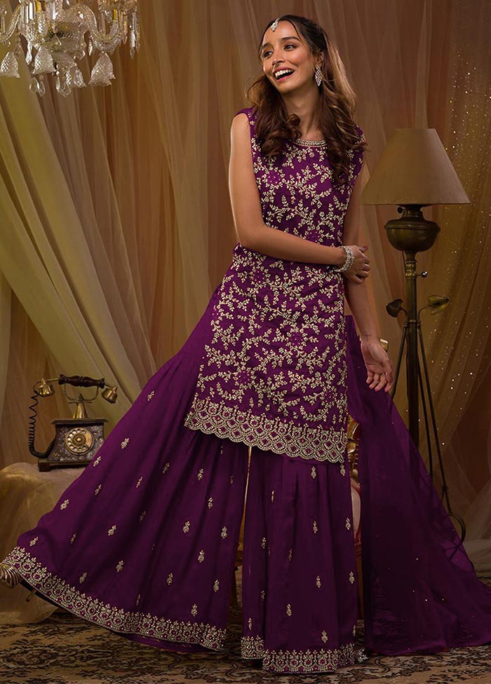 3 Pc Purple Semi Stitched Georgette Suit Set Latest Sale Online