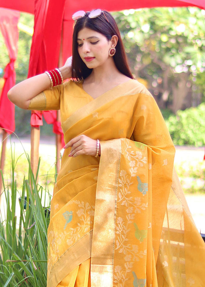 Yellow Linen Silk Saree With Blouse Piece Buy