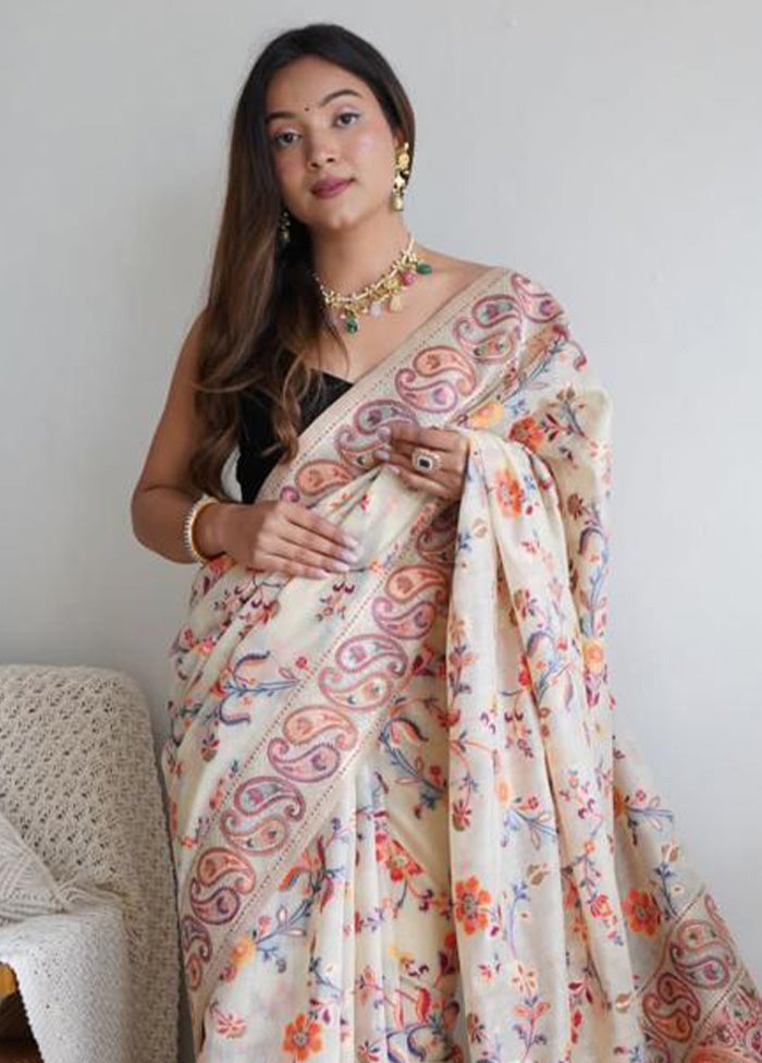 Cream Banarasi Silk Saree With Blouse Piece Manchester Sale Online